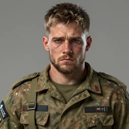 portrait of big muscular, tired and fucked up 3 3 - year - old handsome man with short darkblonde hair, sad look and beard, blue eyes, wearing dirty soldier uniform, hyper realistic face, beautiful eyes, character art, art by mark brooks, hyperdetailed, cryengine, trending on artstation, digital art