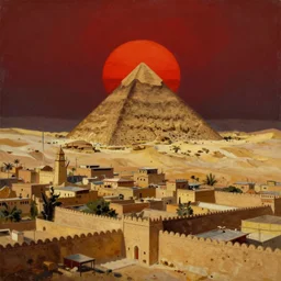 an oil painting of a small city in the desert with a pyramid in the center and walls that surround the city and a dark red sun, fantasy,hyper realistic, atmospheric lighting, cinematic, 8k,