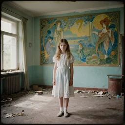 a beautiful young girl in a soviet abandoned hotel room, daguerreotype by edward hopper, by henri rousseau, by Bosch, art noveau, highly detailed, strong lights, liminal, eerie, Bright pastel colors, octane render, 8k,