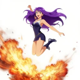 A full length anime still of Ana De Armas with long purple hair leaping through explosion by Stanley Artgerm Lau, WLOP, Rossdraws, James Jean, Andrei Riabovitchev, Marc Simonetti, and Sakimichan, trending on artstation