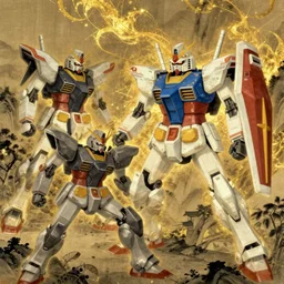 Gundam RX-93 intense fight against Sazabi, in the style of a traditional Chinese painting, epic, intricate details, gold glow, trending on art station, 8k