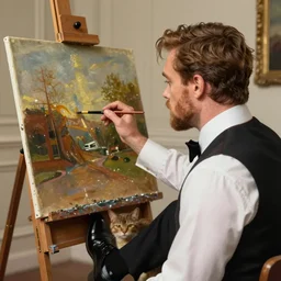 clean shaven mcgregor is dressed as a gentleman at early 2 0 th century paris. he is watching an easel. that easel has a canvas on it. ewan mcgregor has a brush on his hand. he is painting a painting. there is a small brown cat with yellow eyes on ewan mcgregors feet. ewan mcgregor ´ s back