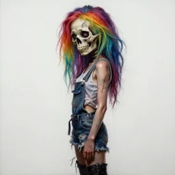 mixed media painting of a grungy skull woman with rainbow hair, stitched together, soft eyes and narrow chin, dainty figure, torn overalls, short shorts, combat boots, basic white background, side boob, wet tshirt, wet, raining, dim volumetric lighting, 8 k octane beautifully detailed render, post - processing, portrait, extremely hyper - detailed, intricate, epic composition, cinematic lighting, masterpiece, trending on artstation, very detailed, masterpiece, stunning,