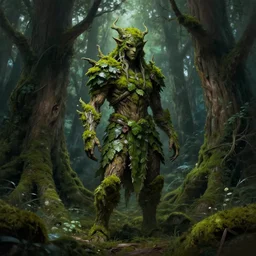 moss - covered wood spirit with skin of leaves and bark armor standing in a sacred grove. d & d fantasy art, digital painting, magical forest, 8 k resolution, dramatic lighting, full - length portrait, eerie, magic.