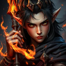 a masterpiece portrait of nezha, young elf prince holding spear, flame everywhere, epic pose, fantasy character portrait, closeup shot, hyper detailed, digital painting, 8 k realistic, trending on artstation, sharp focus, dof, by fenghua zhong, artgerm, ne zha from smite, jeff easley, raymond swanland