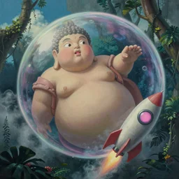 hyperrealist closeup painting of a giant fat buddha with pink eyes rocketing out of a bubble from howl's moving castle ( 2 0 0 4 ) in the sky high above the jungle. moody, misty, depth perception.