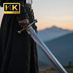 a dark figure holding a sword, closeup shot, mountain's background, dawn, fantasy, 4 k resolution, award winning