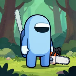 Among Us character standing in the forest holding a chainsaw