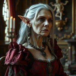 close up, half - elf rich older woman, in an intricate gown, with some inbred traits, alone in her mansion, head and torso portrait by karol bak and johan grenier