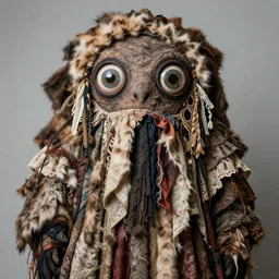 a photography of a monstruous costum with big painted eyes and multiple layers of fabric and fur by charles freger