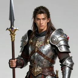 A realistic anime portrait of a young handsome male barbarian with long wild hair, intricate fantasy spear, plated armor, vivid colors, colored, D&D, dungeons and dragons, tabletop role playing game, rpg, jrpg, digital painting, by Frank Frazetta and Yusuke Murata, concept art, highly detailed, promotional art, HD, digtial painting, trending on ArtStation, golden ratio, rule of thirds, SFW version