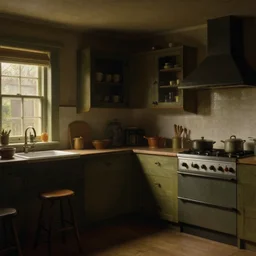 a kitchen retro style dim light, by john everett millais