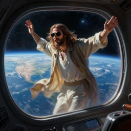 realistic, Jesus Christ in mass effect, wearing shades, inside spaceship over earth, cockpit window, dynamic lighting, super super dynamic dynamic pose, space, starry night, intense, painting