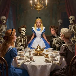 concept art, alice in wonderland on tea party with skeletons, realistic shaded lighting poster by ilya kuvshinov, magali villeneuve, artgerm, jeremy lipkin and michael garmash and rob rey