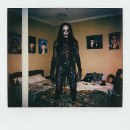 hyperrealistic cursed daguerreotype polaroid cinestill of creepy monster entity creature standing in bedroom designed by guillermo del toro, michael hutter, kentaro miura, junji ito, gantz, hideo kojima, colorized. scp historical archives. david lynchian atmosphere. deep aesthetics of weirdcore