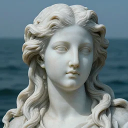 female medusa long hair, marble statue, conce beautiful delicate face, macro shot head, sea background