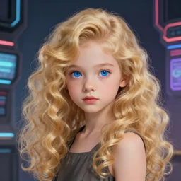 a cute 2 0 years old girl with long curly blonde hair, with blue eyes, in a cyberpunk setting, artstation, elegant, highly detailed, digital painting, concept art, smooth, sharp focus, illustration, art by don bluth and michel ocelot and makoto shinkai and tom whalen and atey ghailan and akihiko yoshida
