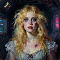 a beautiful and eerie baroque painting of a gorgeous young woman in dead space, with wild blonde hair and haunted eyes, 1 9 7 0 s, space station, neon light showing injuries, delicate ex embellishments, painterly, offset printing technique, by brom, robert henri, walter popp