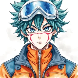 a watercolor portrait illustration by sui ishida and alphons mucha of an anime man as goku highly detailed anime eyes wearing streetwear clown pilot suit lots of zippers, pockets, synthetic materials, jumpsuits by issey miyake and balenciaga 8 k