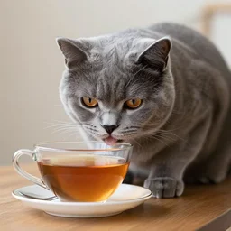 british cat sipping on tea