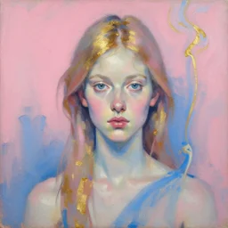 pink blue gilded ink smoke portrait of a beautiful girl, by Jenny Saville, oil on canvas, painterly brushwork