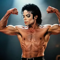 michael jackson as a ripped bodybuilder flexing muscles, light rays, cinematic lighting, handsome, glistening