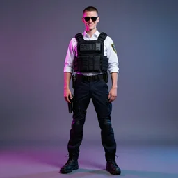 detailed character full body portrait of a skinny buzz undercut androgynous federal government agent smirking sunglasses white button down shirt tactical bulletproof kevlar on smoky neon background artgerm greg rutkowski mucha