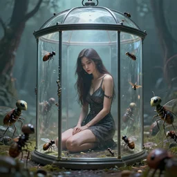 a woman in a glass cage surrounded by alien insects watching her, digital art, highly detailed