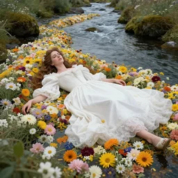 baroque portrait of a icelandic princess in a white dress, lying down in a river made of thousands of flowers, cinematic lighting, photorealistic, octane render, 8 k, depth of field, art by artgerm and greg rutkowski and alphonse mucha and uang guangjian