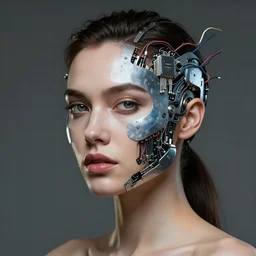 sexy beautiful woman head made of mech mask rendered in unreal engine, cinematic, cyberpunk, microchips, wires comming from core processor scifi, painted by david burliuk | bernard buffet | carne griffiths | wlop