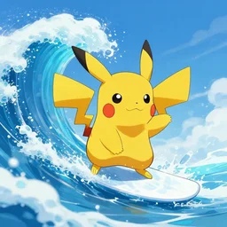 Pikachu surfing blue crystalline waves