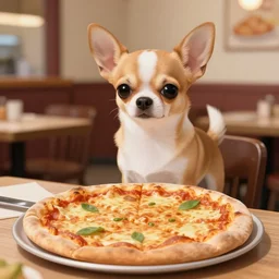 a chihuahua serving Pizza at a Restaurant