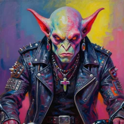 portrait of an apocalyptic demonic orc goblin biker character, cool pose, psychedelic vibrant colors, futuristic punk rock fashion, oil painting by michael whelan art, sharp focus, realistic, perfect face detailed eyes, studded leather jacket