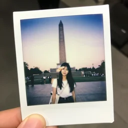 a tourists photo of a monument with the lens partly covered by a blurry finger, polaroid camera, photo