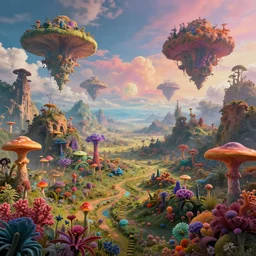 a view of a surreal alien variated planetary fractal landscapes with gigantic and small fungus and variations of exotic flora of varying vibrant colors and sizes scattered across the vast landscapes, surreal clouds, floating islands, 4 k, retro, detailed, beautiful view, vibrant, weird skies, extradimensional, trending on artstation