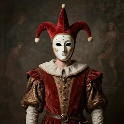 “portrait a medieval jester, studio lighting hyperreal photograph old royal medieval painting jester masks”