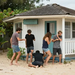 guys are robbed by someone in a bungalow on the beach