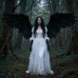 a witch in a white dress, with black hooves wings and hands, stands in a gloomy forest and looks at me, centered, high detailed, trending on wikiart