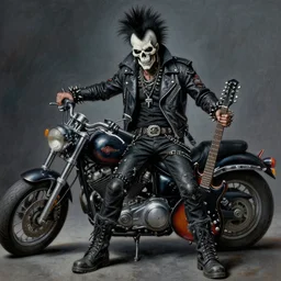 a portrait of the grim reaper as a punk rocker, punk, skeleton face, mohawk, dark, fantasy, leather jackets, spiked collars, spiked wristbands, piercings, boots, guitars, motorcycles, ultrafine detailed painting by frank frazetta and vito acconci and will eisner, detailed painting