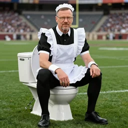 a professional photo of walter white in a maid outfit sitting on a toilet in a middle of a football field, fine professional photo