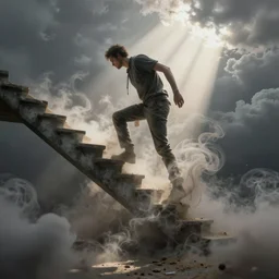 a man made of whirling twisting smoke and dust climbs a stairway, shafts of light through clouds, octane render