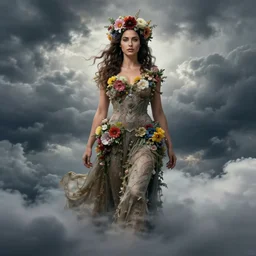fine art, long shot photo of the beauty goddess gal gadot, she has a crown of mesmerizing flowers, she is arriving heaven, background full of stormy clouds, by hr giger