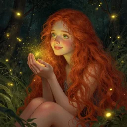 a young woman, amazed by the lights of golden fireflies, sitting in the midst of nature fully covered, long loose red hair, intricate linework, dreamy green eyes, small nose with freckles, oval shape face, soft happy smile, realistic, expressive emotions, mystical scene, hyper realistic ultrafine detailed illustration by james jean and albert bierstadt and artgerm
