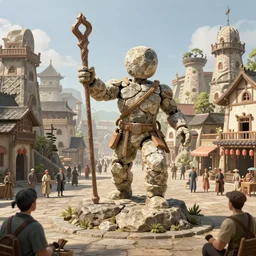 a human made of rock holding a staff, entering a busy fantasy village, highly detailed, smooth, artstation, digital illustration by ruan jia and mandy jurgens and artgerm and wayne barlowe and greg rutkowski and zdislav beksinski