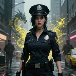 a realistic detail portrait of a beautiful policewoman in cyberpunk city, raining, mist, magic, dragon, goth by Julian calle, wlop, greg rutkowski and thomas kinkade, Finnian MacManus, Syd Mead, Trending on artstation, black  and yellow scheme, 8k, Unreal Engine