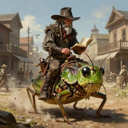 A very highly detailed wild west magical sorcerer wizard with a very highly detailed face with spellbooks and potions riding on a very higly detailed large grasshopper!! on the street of a wild west town digital rational painting art by Greg Rutkowski, magic fantasy highly detailed, digital concept art, sharp focus, realistic concept art by Stephen Hickman and James Gurney and Hiromasa Ogura Ghost in the Shell rendered in Octane Render, From the distance