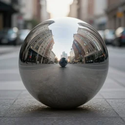 big metal reflective perfect ball in the middle of the street