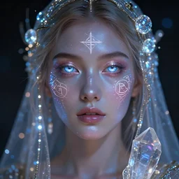 robed female astral projecting, shimmering eyes, highly detailed face, airbrush, magick, technology, sigils, royo, led lights, glowing orbs, crystal shimmers,