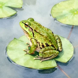 watercolor painting of a frog sitting on a lily pad