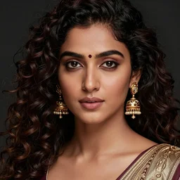 highly detailed, a beautiful half body portrait, dark background, gorgeous south asian brown woman, traditional wear, very sharp focus on face, professionally retouched, studio lighting, realistic, gorgeous eyes, curly hair, wide angle, sharp focus on the eyes, 8 k high definition, insanely detailed, intricate, elegant, gorgeous, art by artgerm and wlop